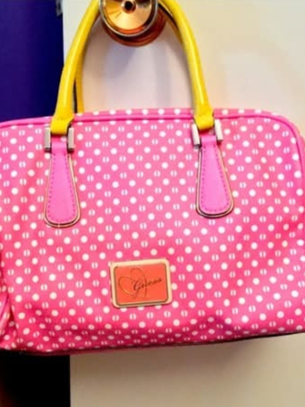 G by Guess Pink Polka Dot Satchel with Yellow Handles